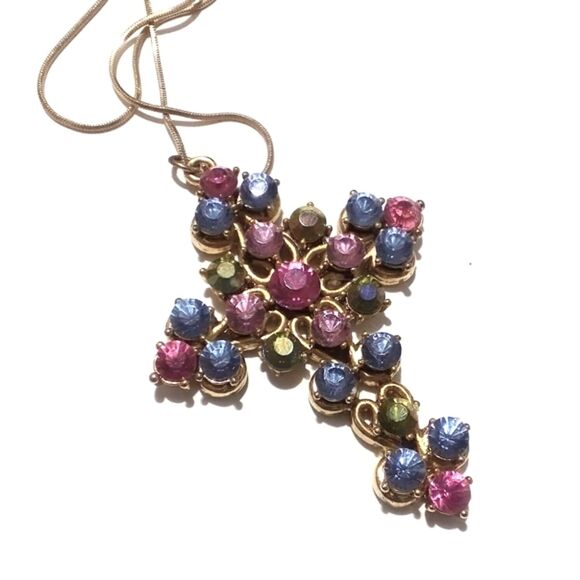 Vintage Pastel Rhinestone Gold Tone Cross Pendant Necklace – 32” Chain - Picture 1 of 6